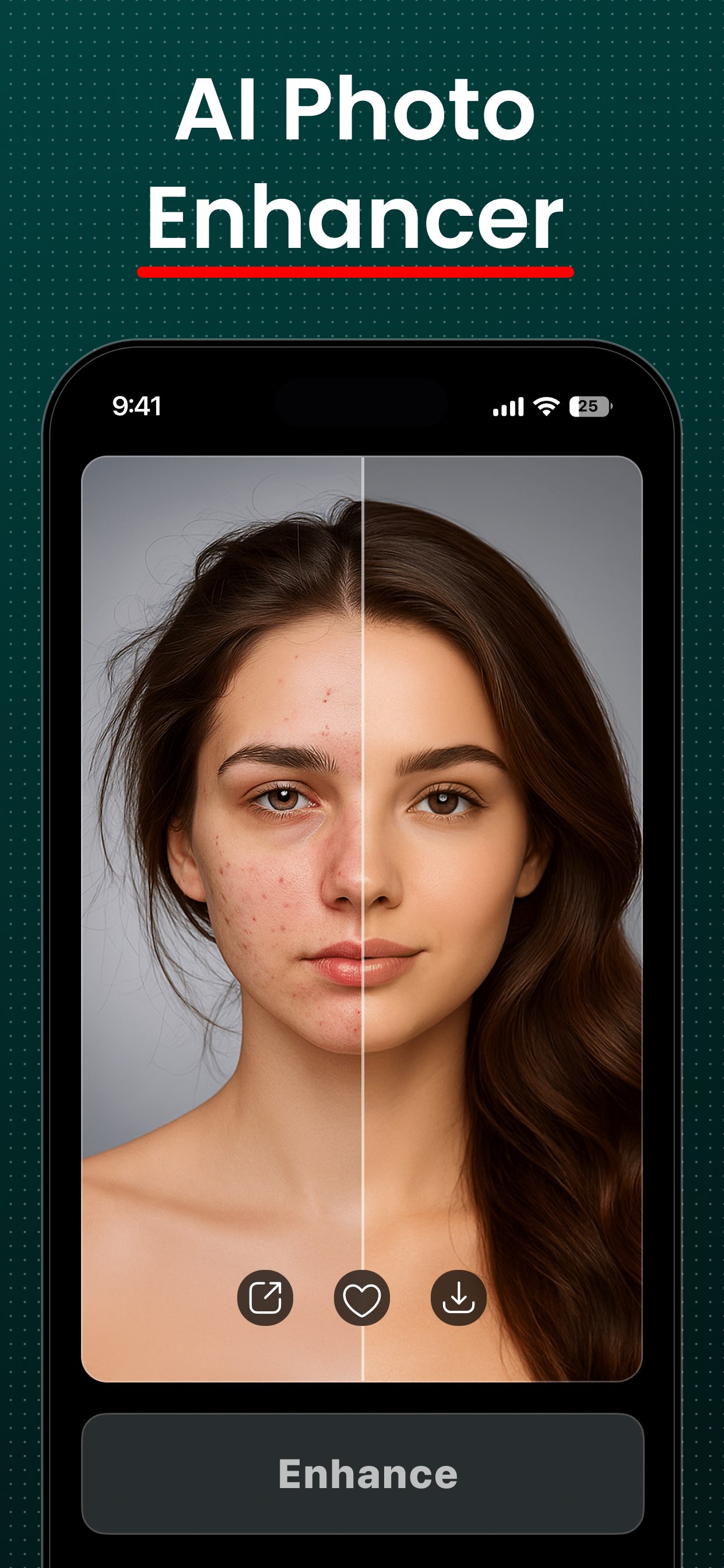 FxAI AI Photo Enhancer retouching a portrait — clear, even skin in one tap.