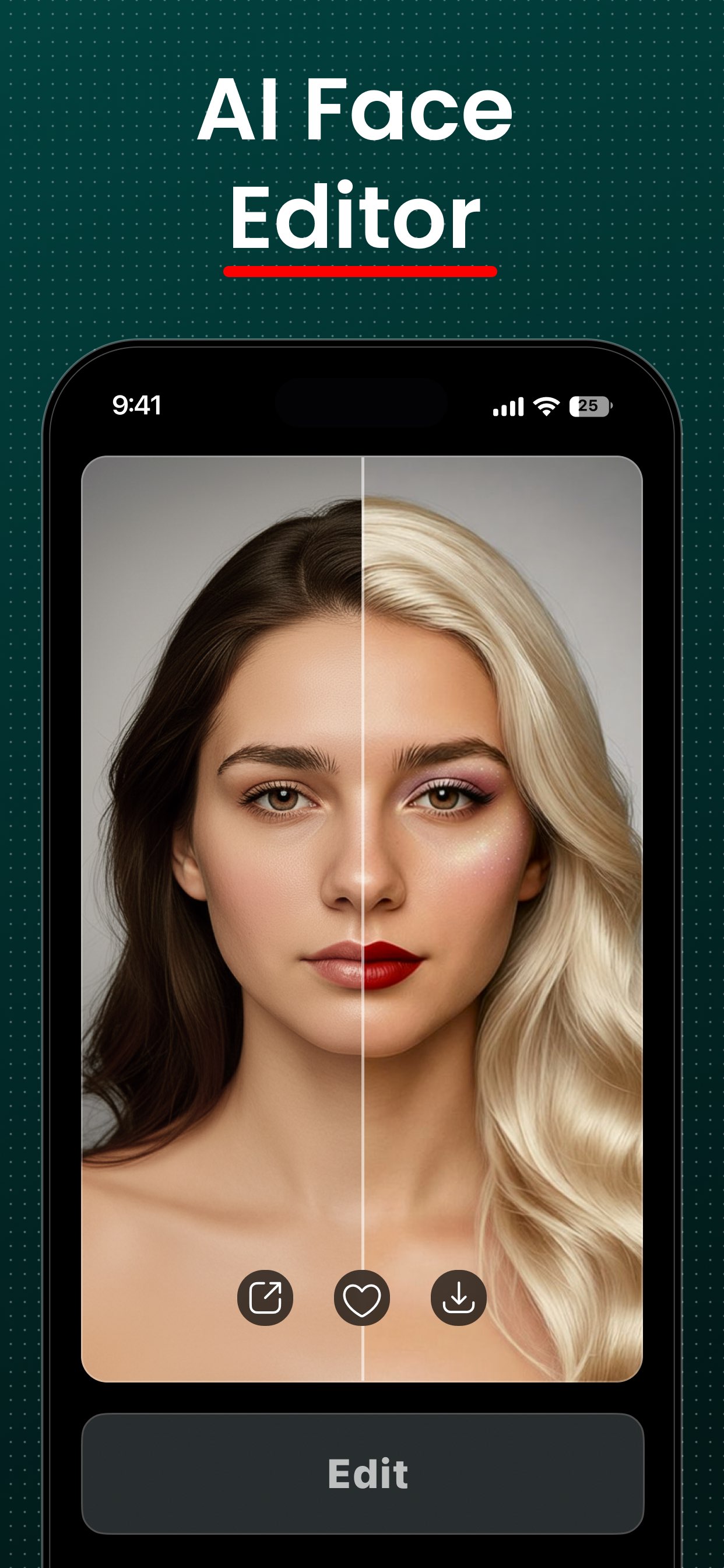 FxAI AI Face Editor restyling a portrait from a description.